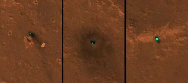 Коллаж из трех снимков спутника InSight на поверхности Марса